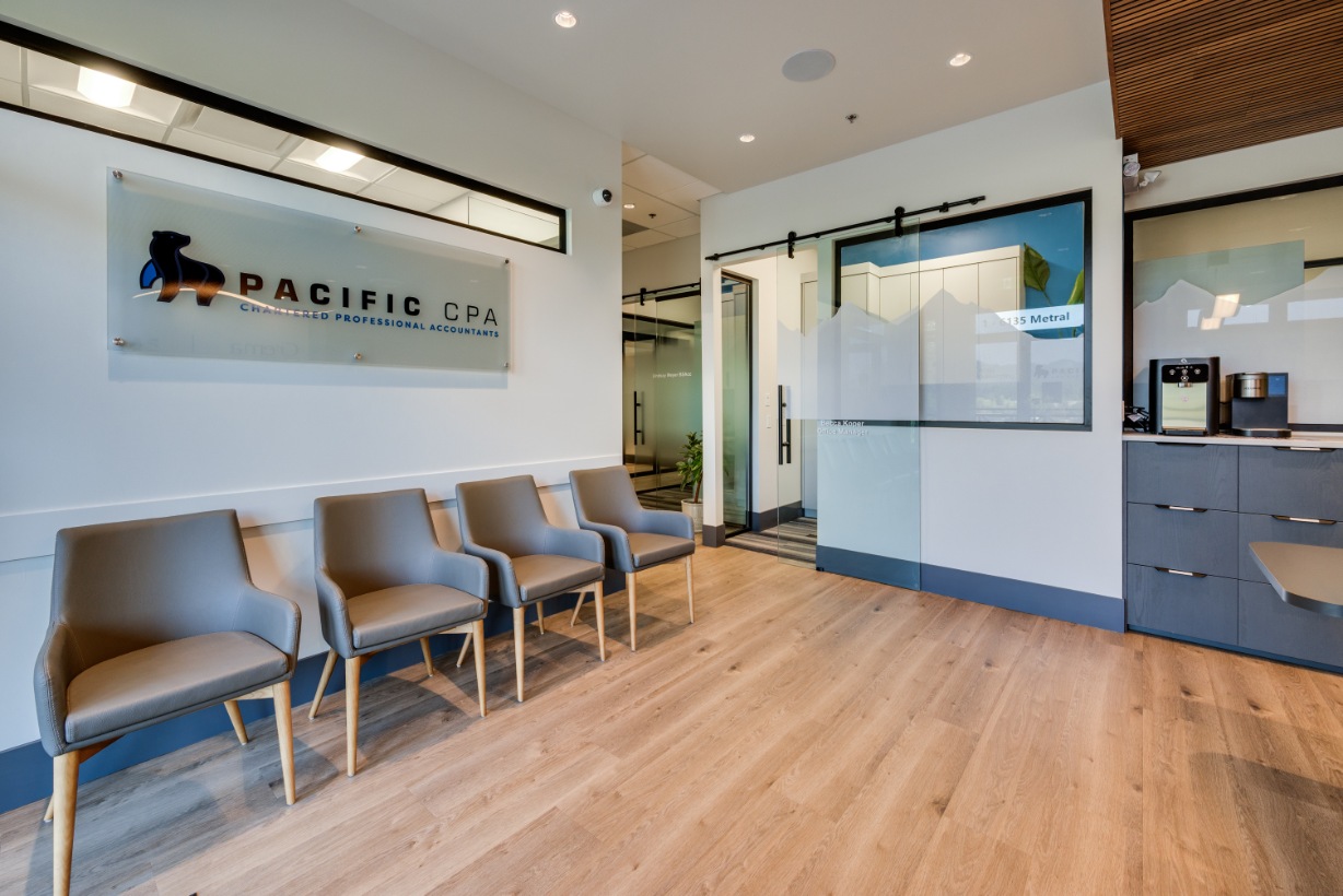 Pacific CPA reception and waiting area with the Pacific CPA sign