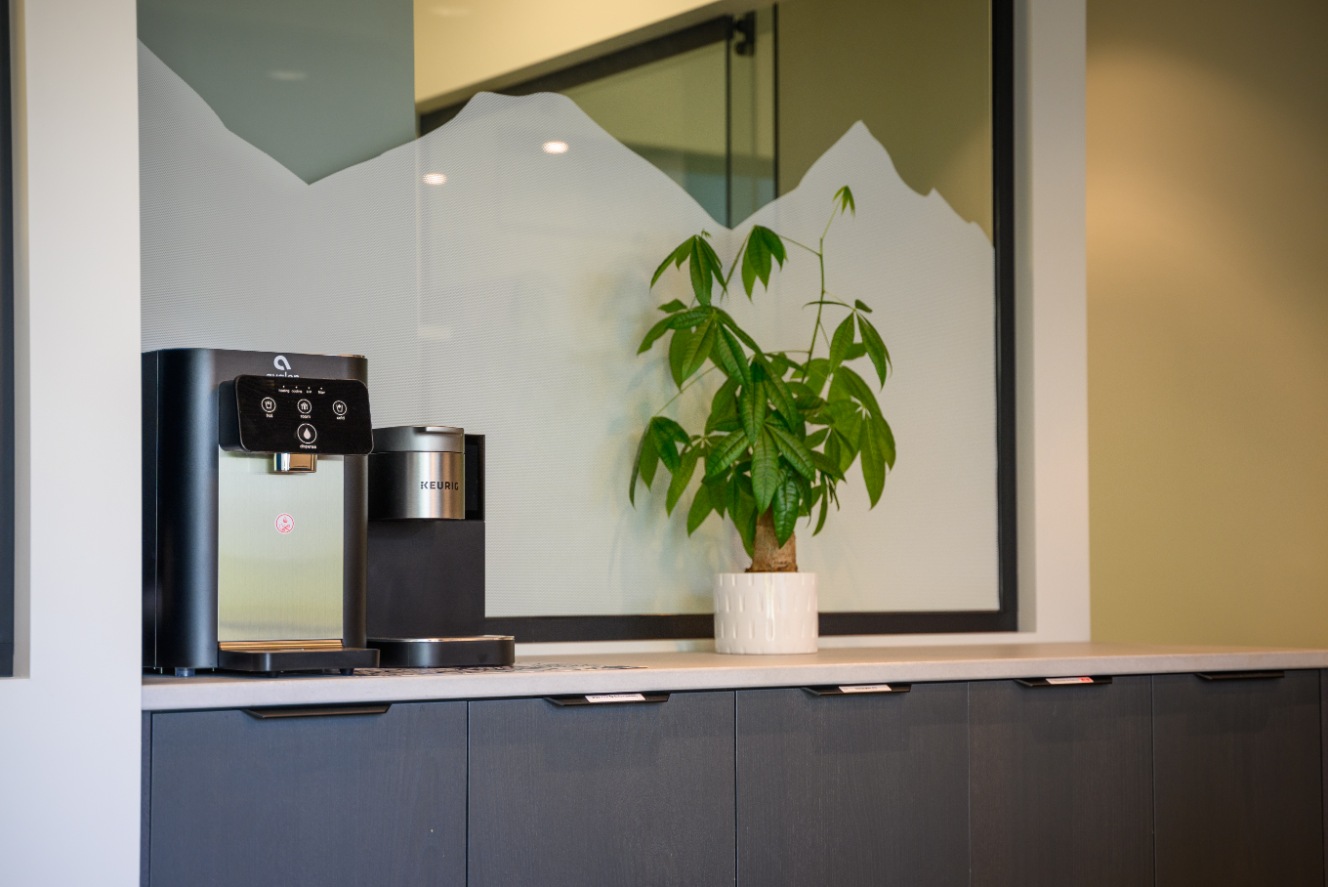 Coffee station with a mountain mural