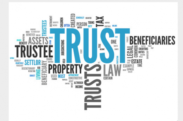 Word cloud of trust terms: trustee, beneficiaries, property, law